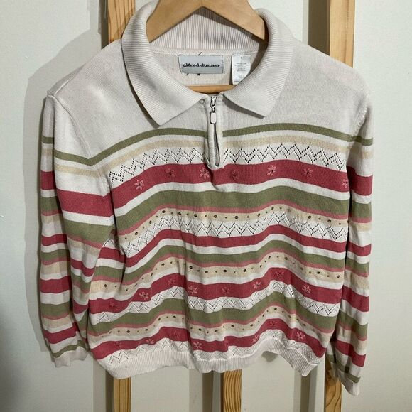 Alfred Dunner collared , v-neck half zip sweater striped size large - Picture 3 of 11